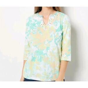 Quacker Factory Floral Watercolor Tropical Bling VNECK 3/4 Sleeve Blouse top XL